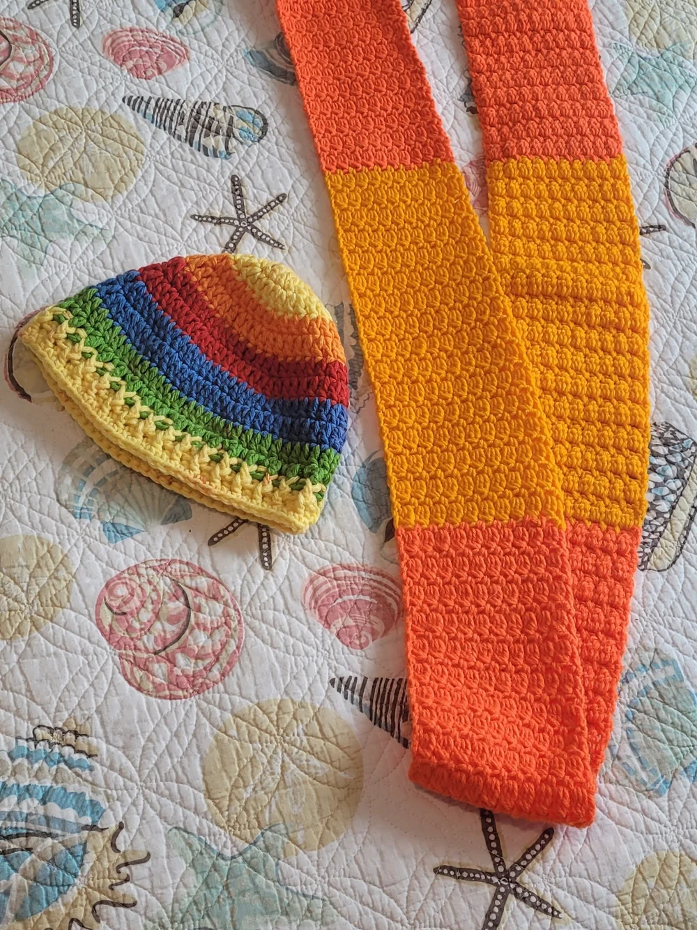 Handmade Adult Rainbow Beanie and Orange-Yellow Scarf Set